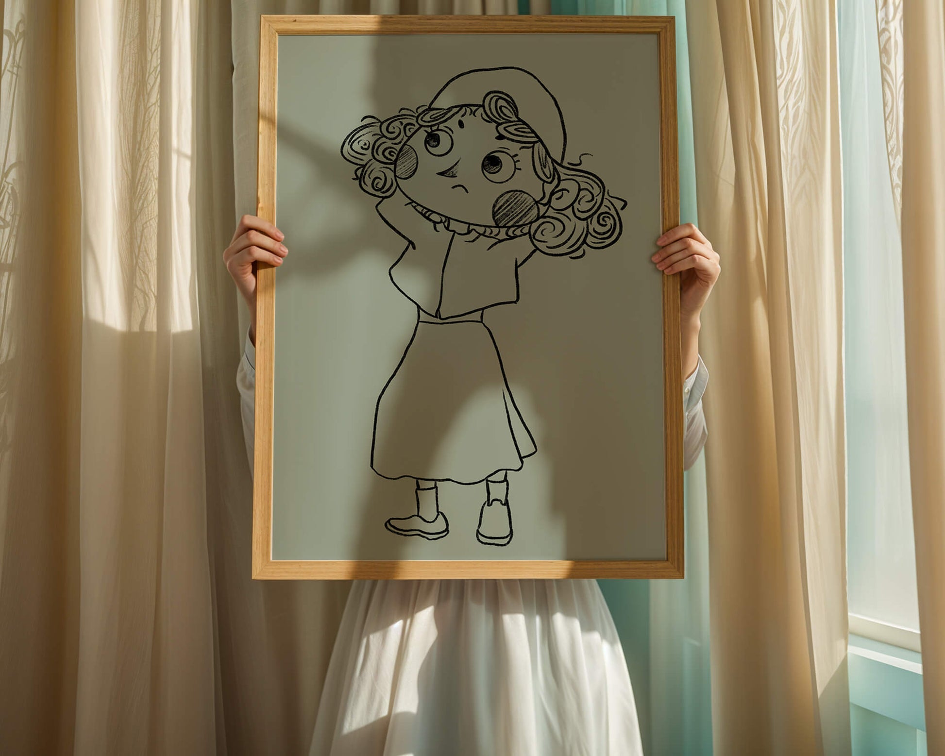 Ilustración a mano de un personaje de dibujos animados pensativo con cabello rizado y gorro