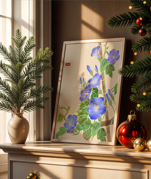 Obra floral delicada con glorias matutinas azules vibrantes