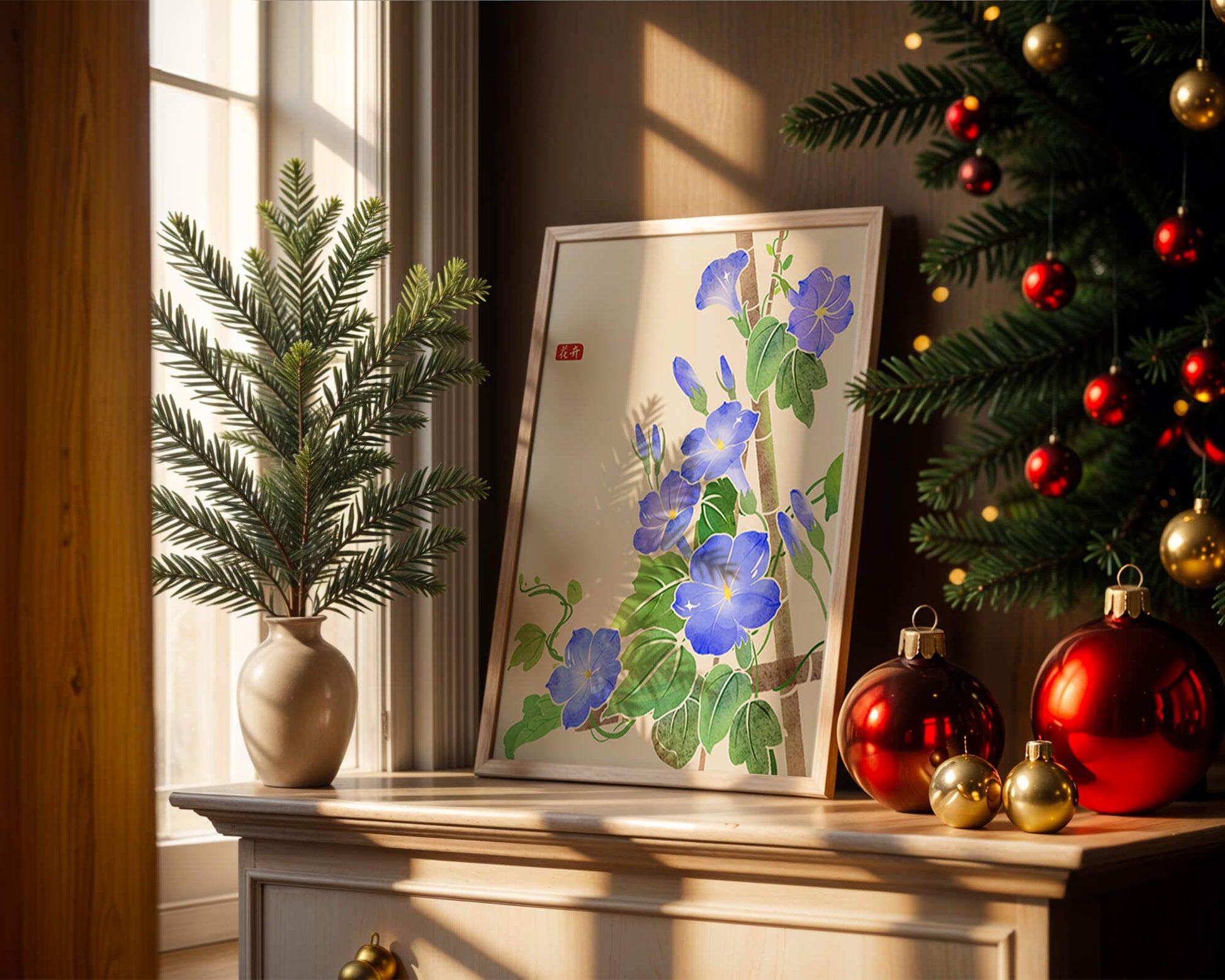 Obra floral delicada con glorias matutinas azules vibrantes