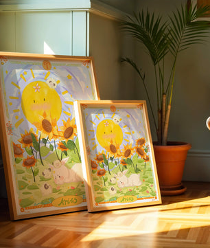 Ilustración encantadora de Aries con animales juguetones y girasoles