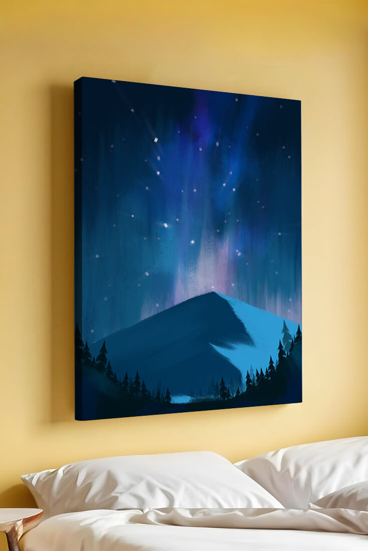 Paisaje montañoso sereno con auroras boreales y bosque oscuro