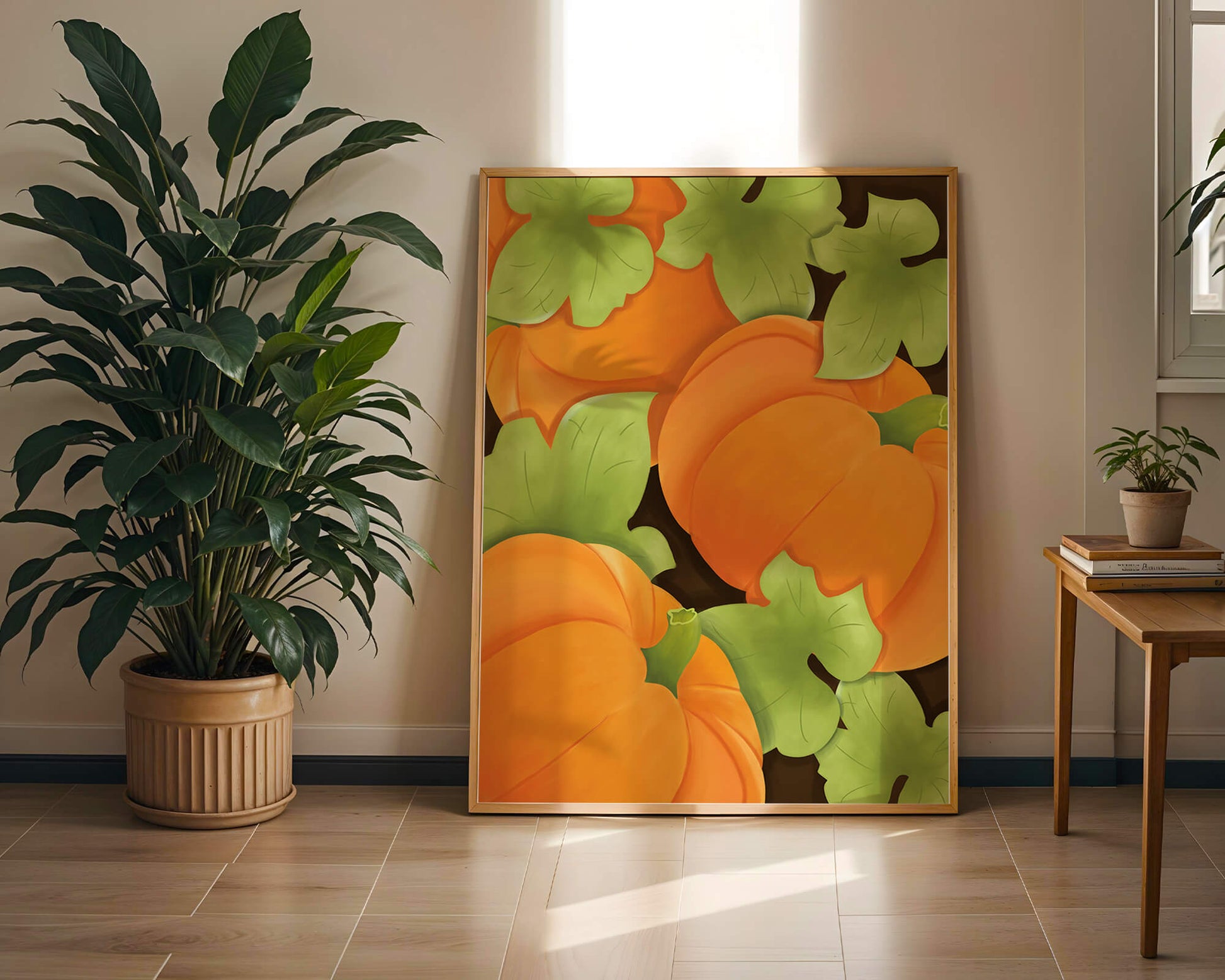 Colorful Pumpkin Pattern With Green Leaves