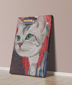 Illustrated cat portrait with colorful accents