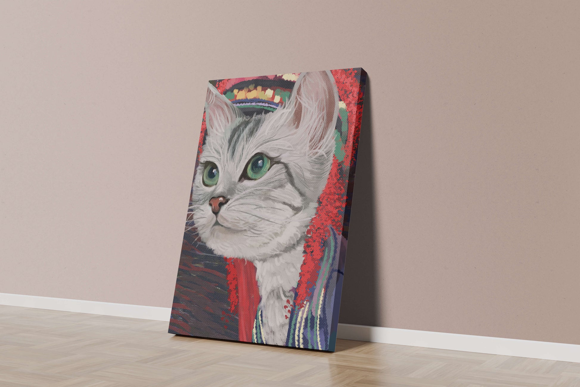 Illustrated cat portrait with colorful accents
