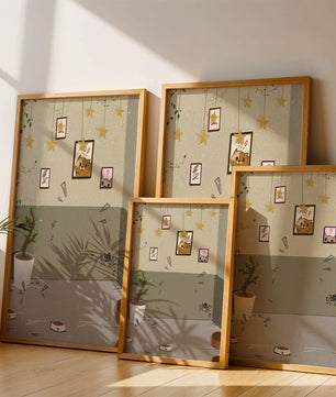 Habitación acogedora con decoraciones de estrellas y obra de arte de gatos