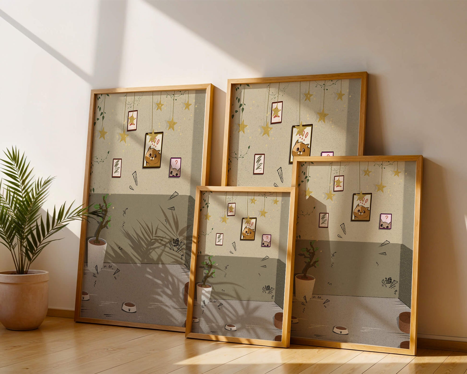 Cozy Room with Star Decorations and Cat Artwork