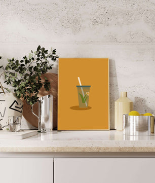 Illustration of a Drink with Botanical Element and Straw on Orange Background - Mi tienda