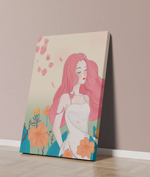 Illustration of a serene woman in a floral dress with flowing red hair