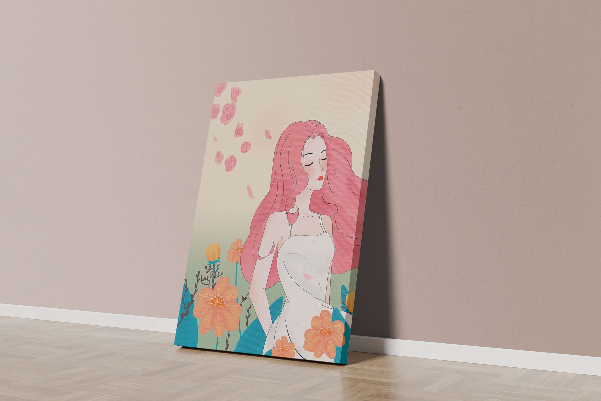 Illustration of a serene woman in a floral dress with flowing red hair