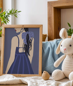 Stilvolle Illustration einer Frau mit gepunkteter Schleife und blauem Kleid