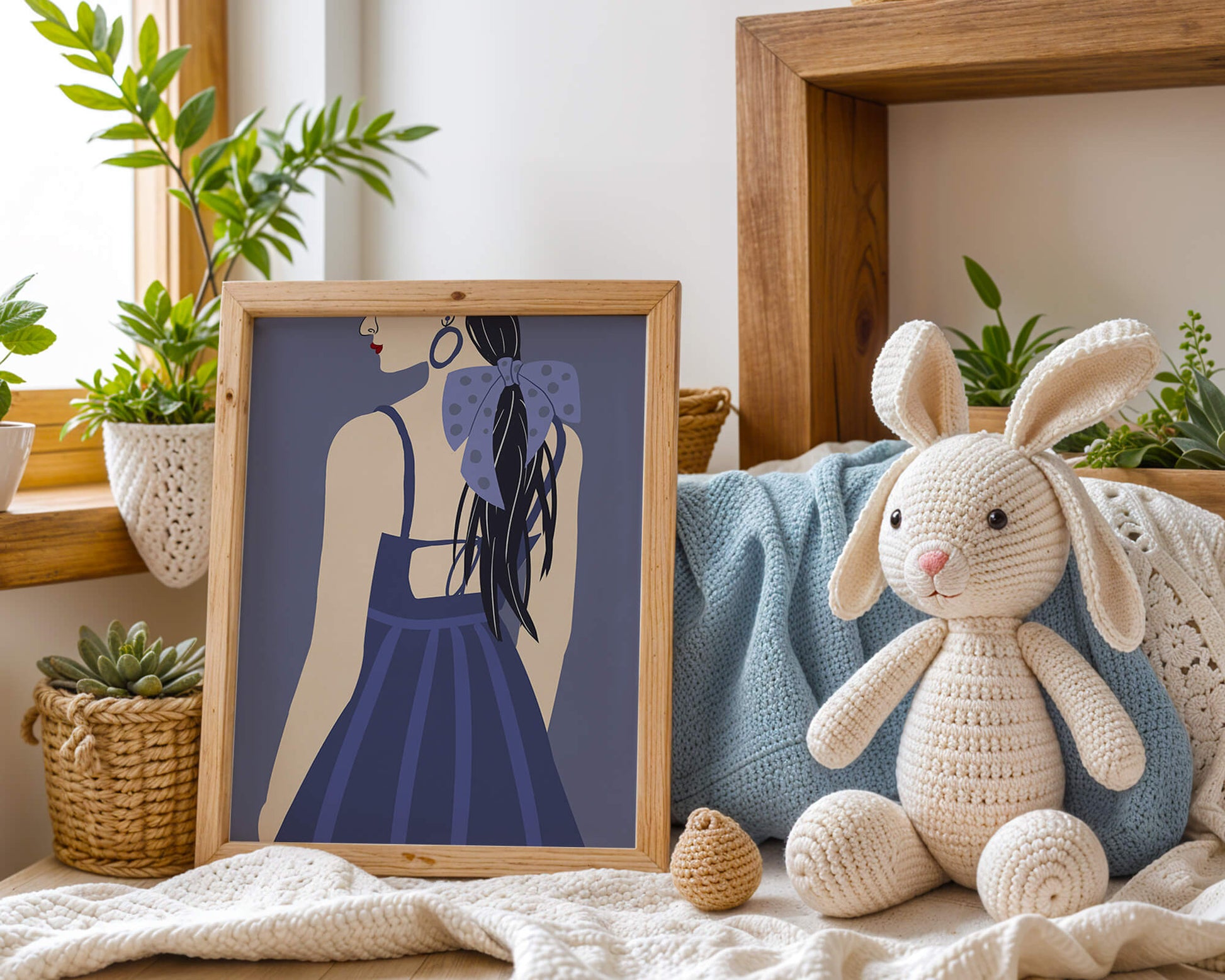 Stilvolle Illustration einer Frau mit gepunkteter Schleife und blauem Kleid