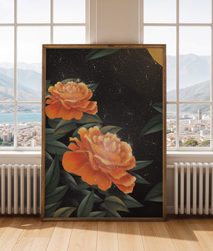 Fantasía floral elegante con flores naranjas vibrantes y un brillo dorado