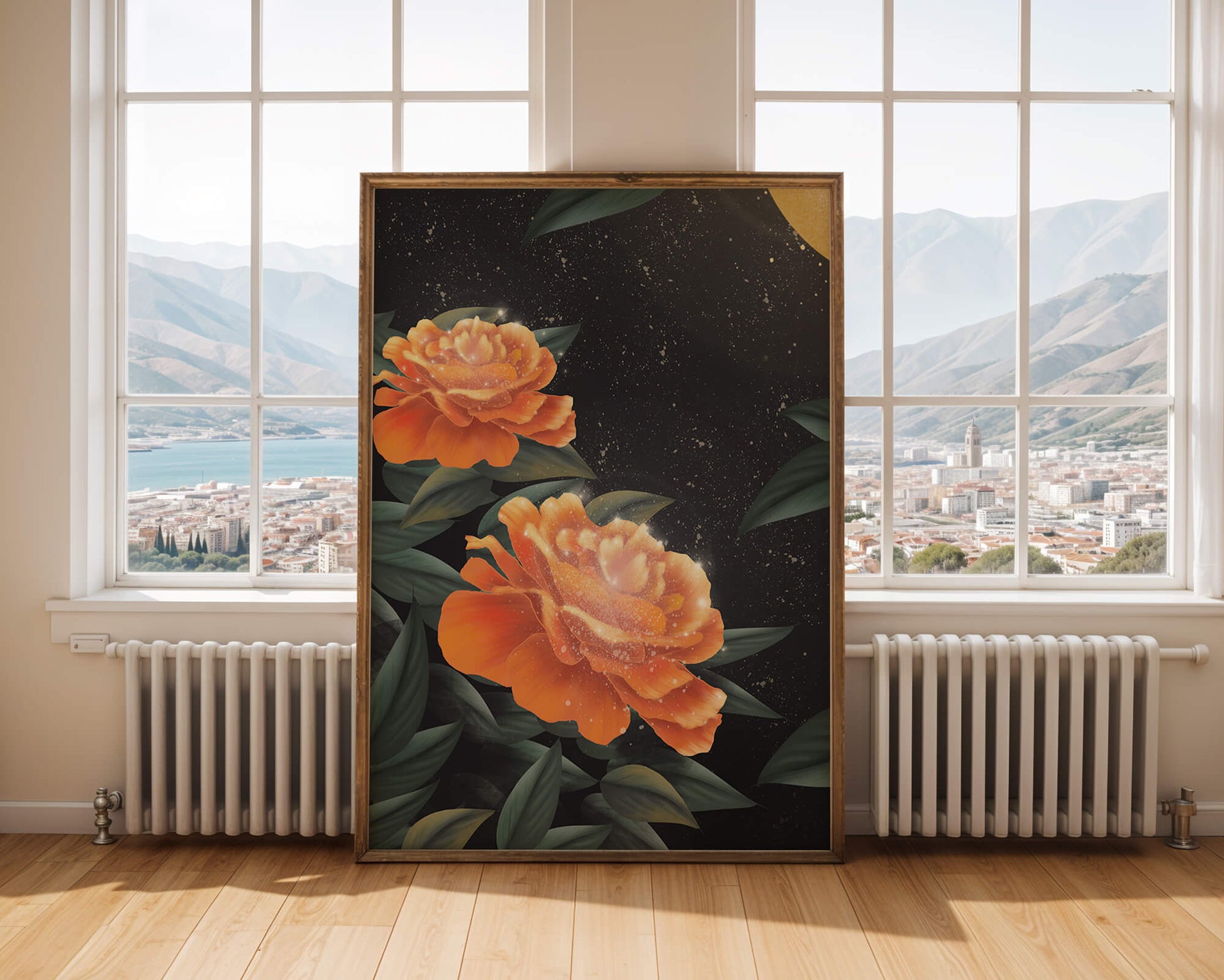 Fantasía floral elegante con flores naranjas vibrantes y un brillo dorado