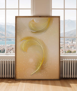 Elegant golden feather design with shimmering background