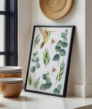 Illustration d'un colibri à l'aquarelle et de feuilles d'eucalyptus