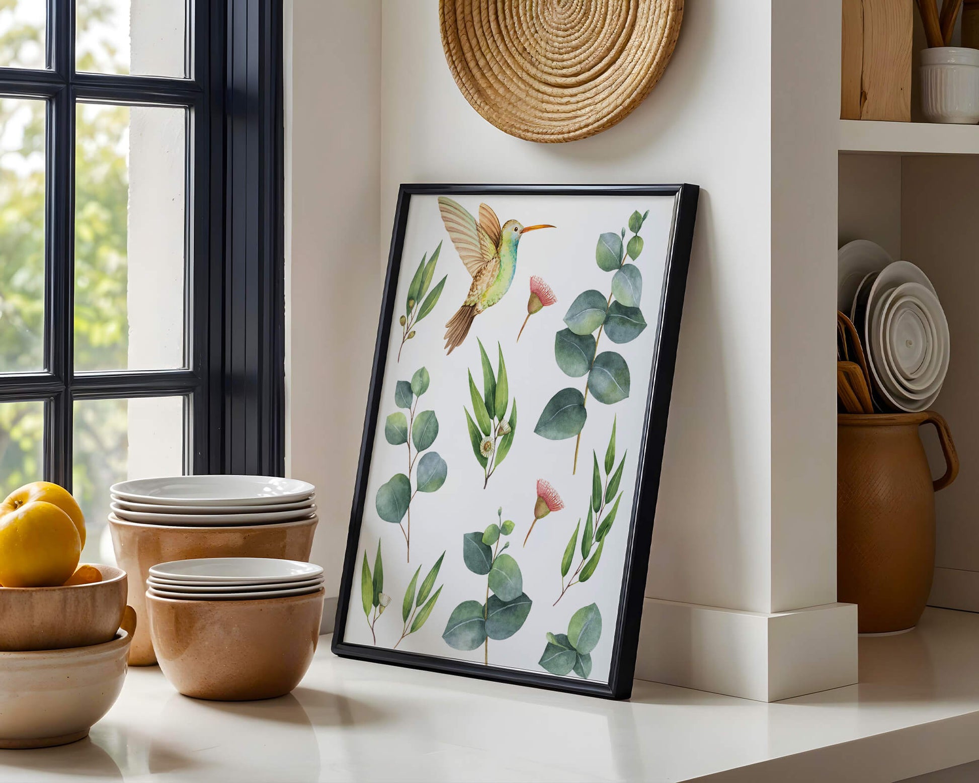 Watercolor hummingbird and eucalyptus leaves illustration