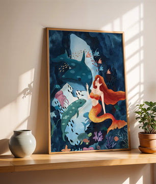 Underwater scene with a mermaid interacting with sea creatures in a vibrant ocean cave