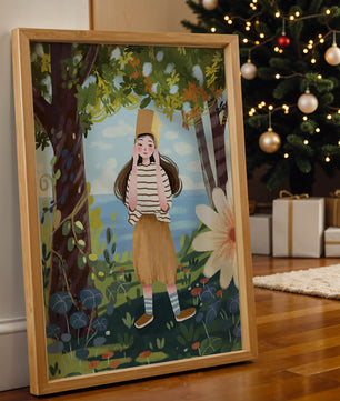Whimsical Illustration of a Girl in Nature with Golden Hat