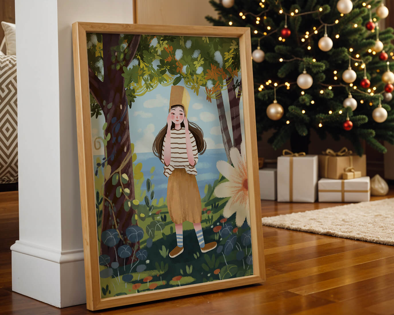 Whimsical Illustration of a Girl in Nature with Golden Hat