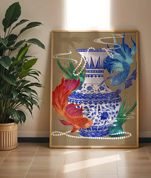 Jarrón de cerámica elegante con diseño de peces vibrantes y flores