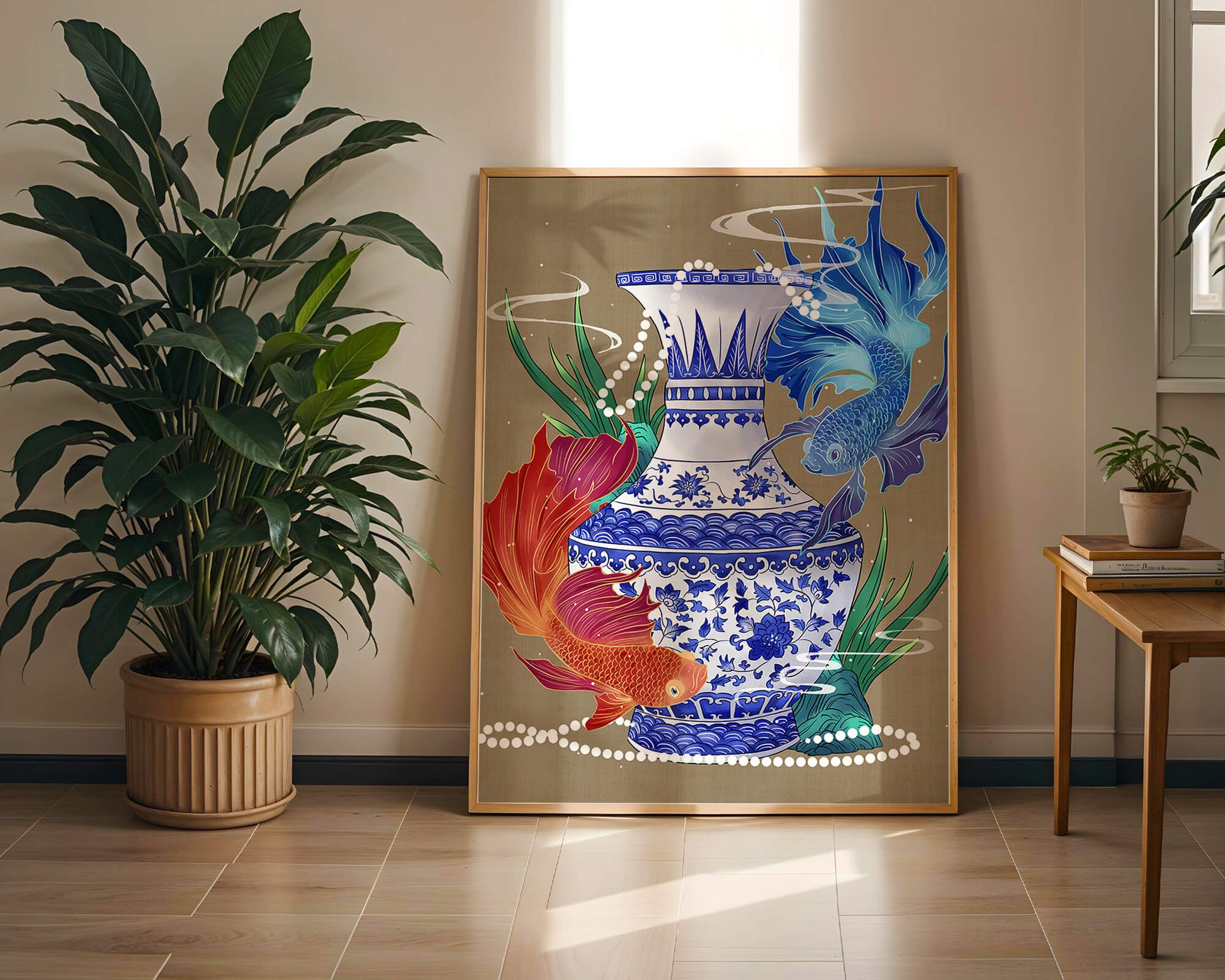 Elegant ceramic vase with vibrant fish and floral design