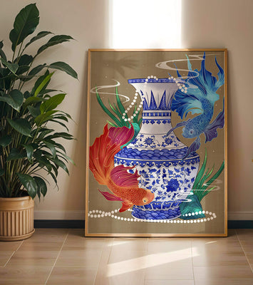 Elegant ceramic vase with vibrant fish and floral design