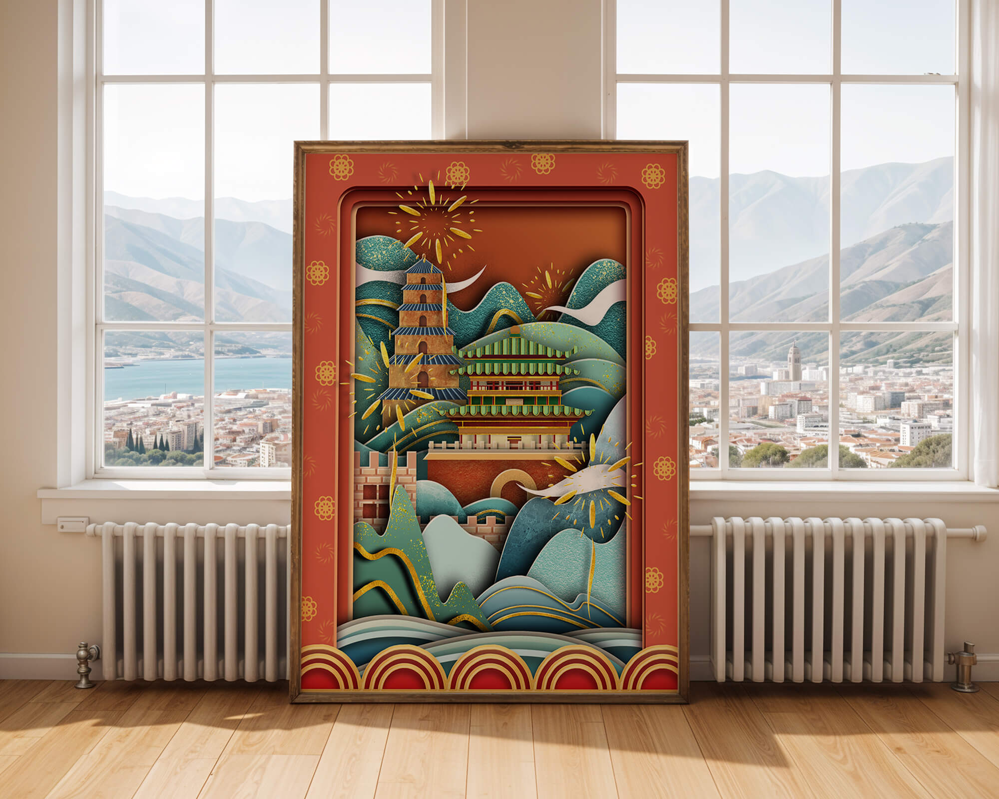 Illustrated Asian landscape with fireworks and traditional architecture