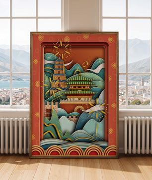 Paysage asiatique illustré avec des feux d'artifice et une architecture traditionnelle