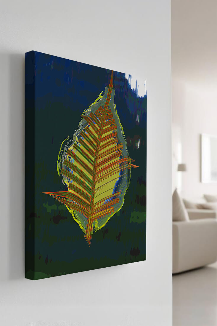 Abstract digital artwork featuring a vibrant multicolored leaf