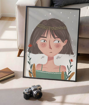 Illustrated girl with a braided crown, floral accents, and expressive features