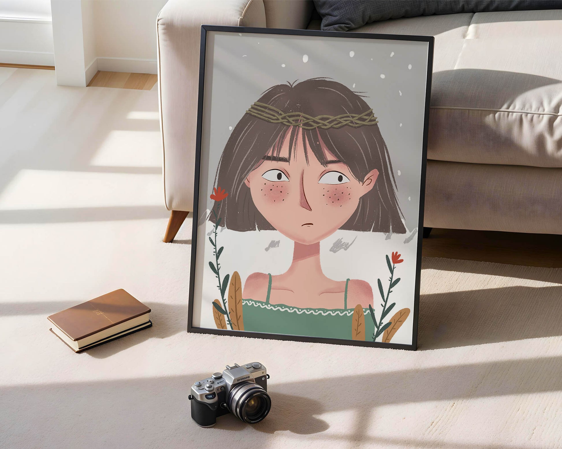 Illustrated girl with a braided crown, floral accents, and expressive features