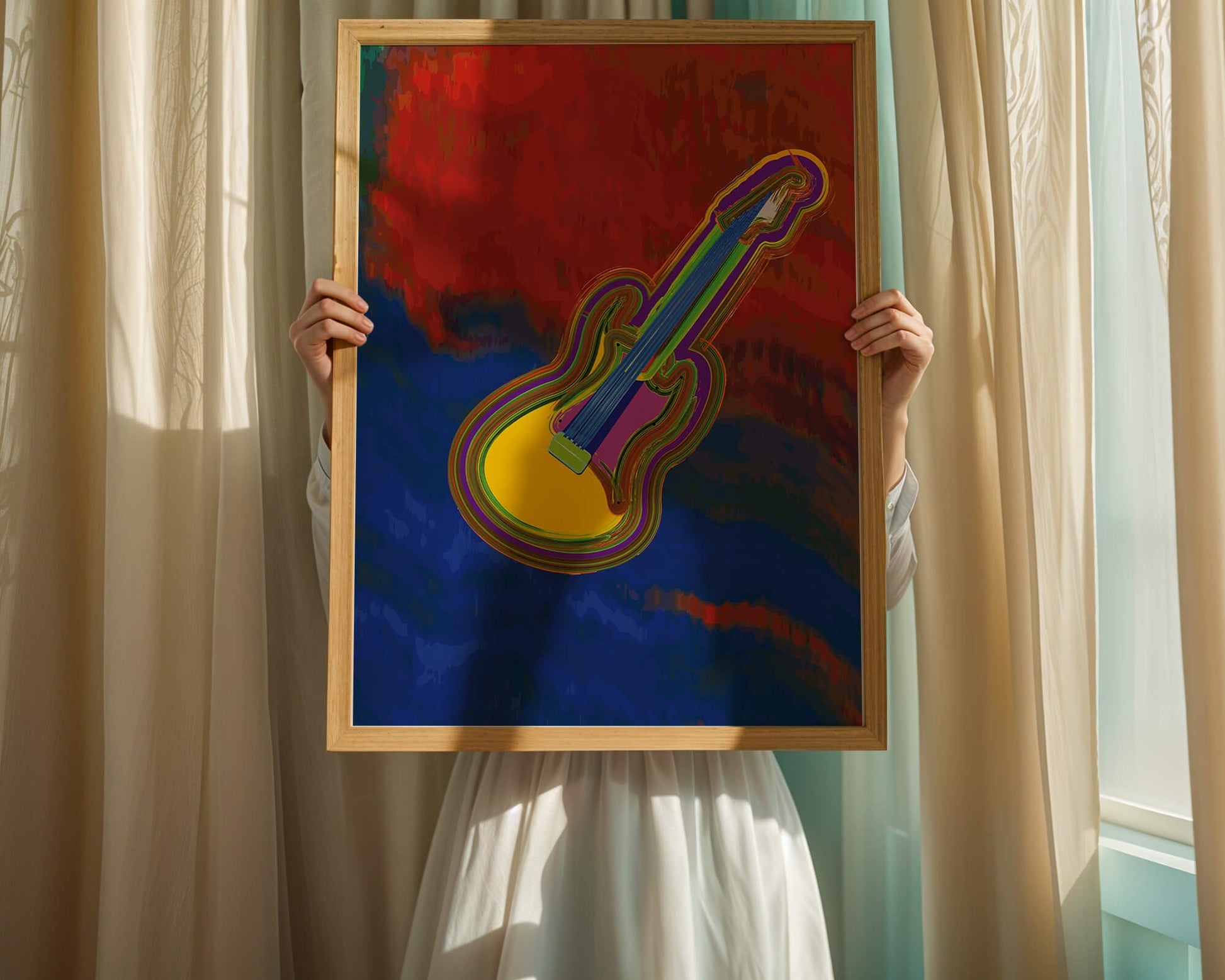 Vibrant abstract guitar illustration with bold colors