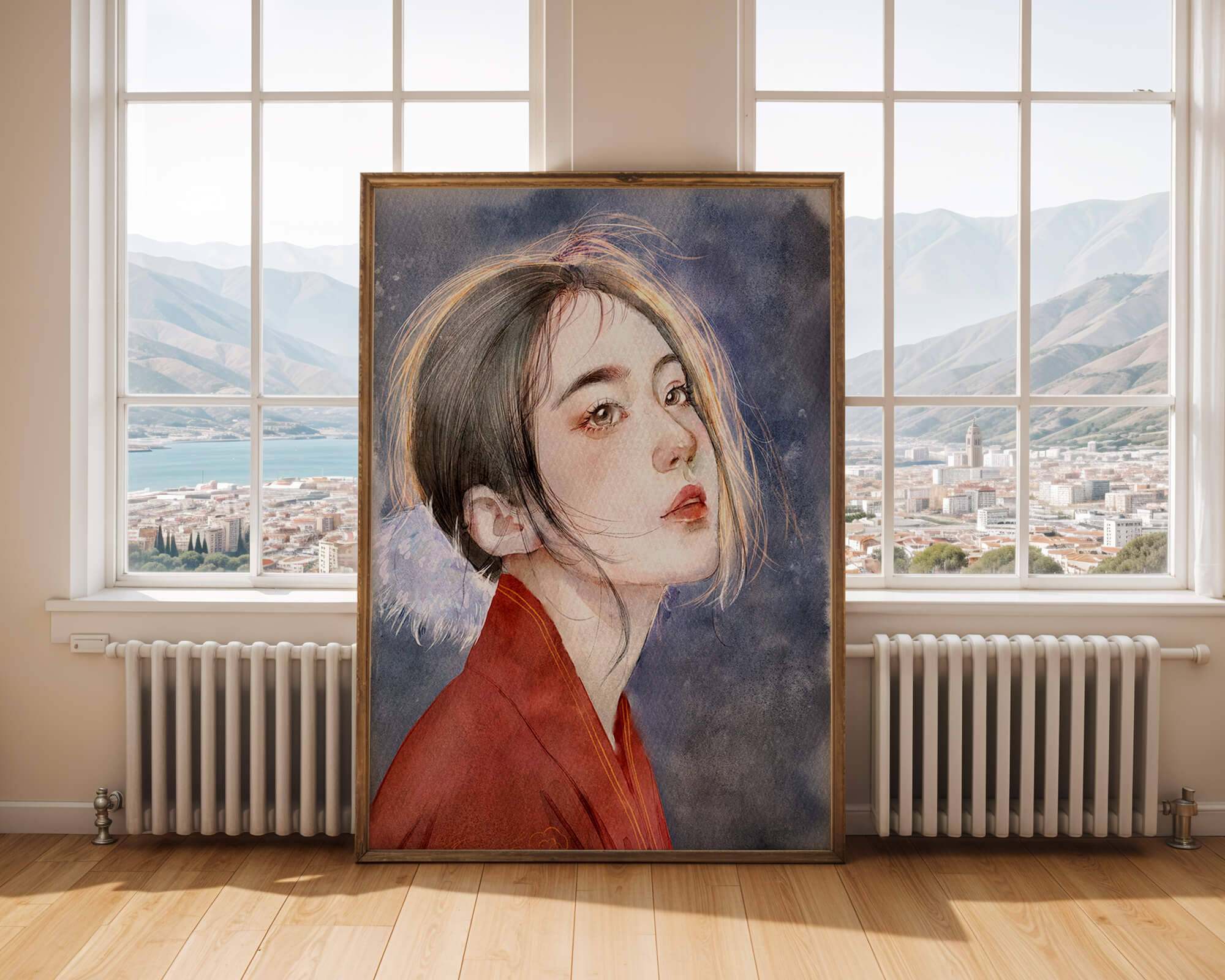 Watercolor portrait of a woman in a red garment with expressive features