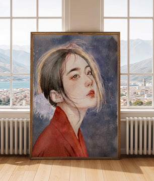Watercolor portrait of a woman in a red garment with expressive features