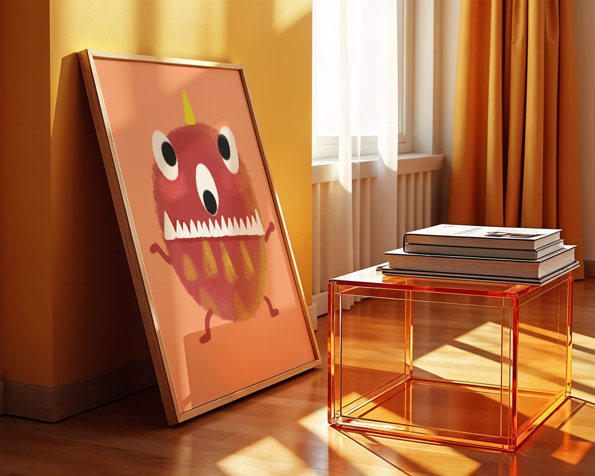 Monstruo colorido con rasgos geométricos y expresión lúdica.