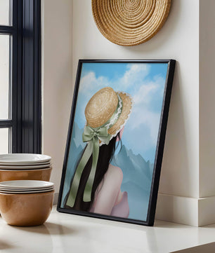 Woman with straw hat and mountain view under blue sky