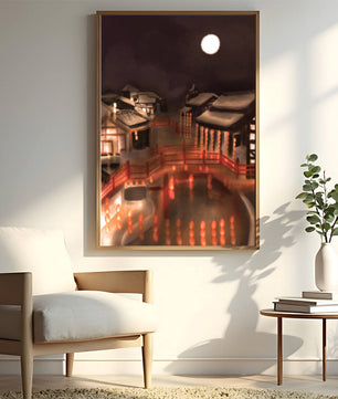 Traditional Japanese village at night with lanterns and full moon