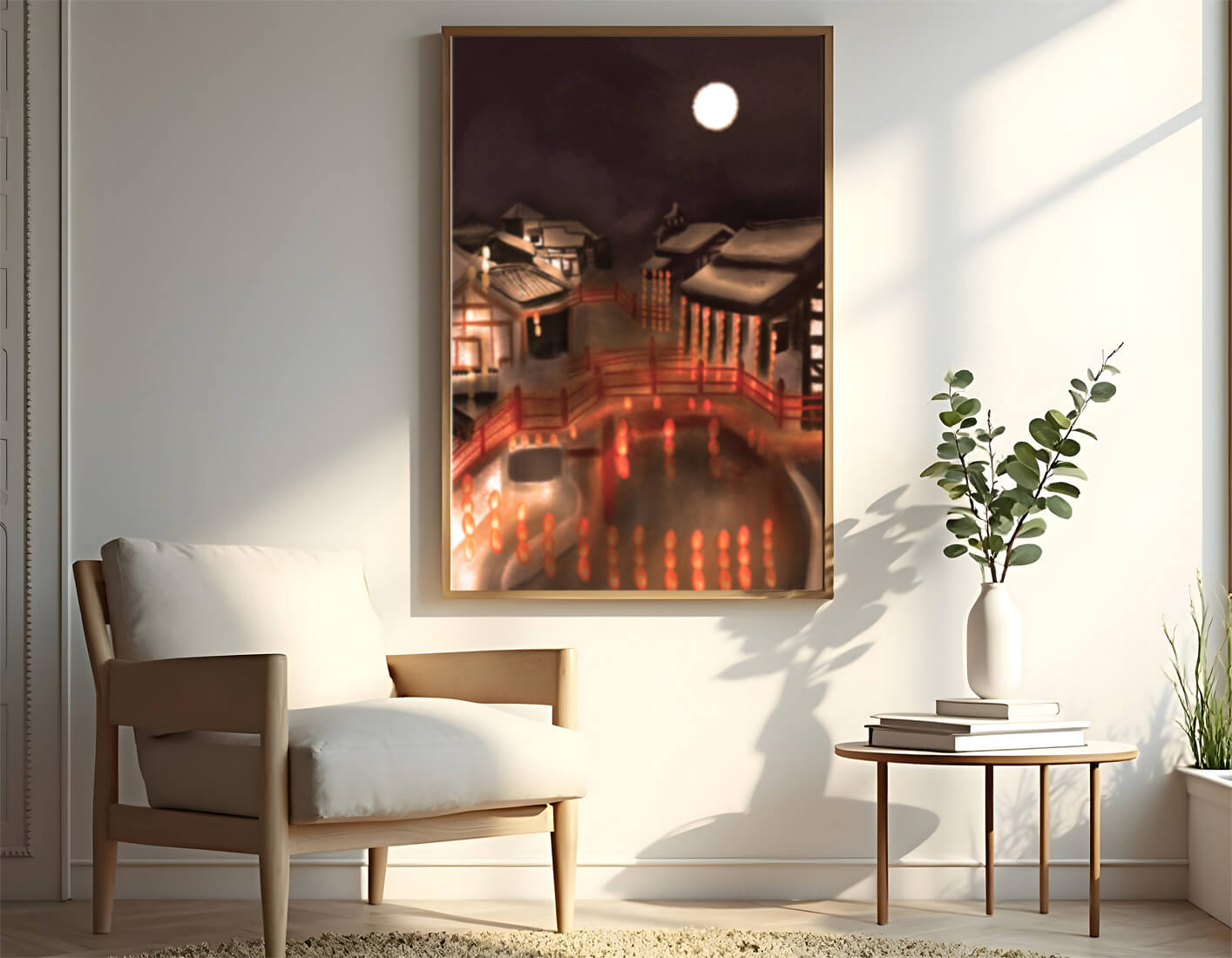 Traditional Japanese village at night with lanterns and full moon