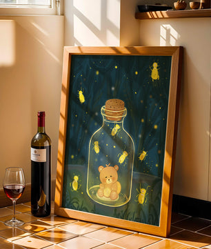 Charming teddy bear in a jar with glowing fireflies