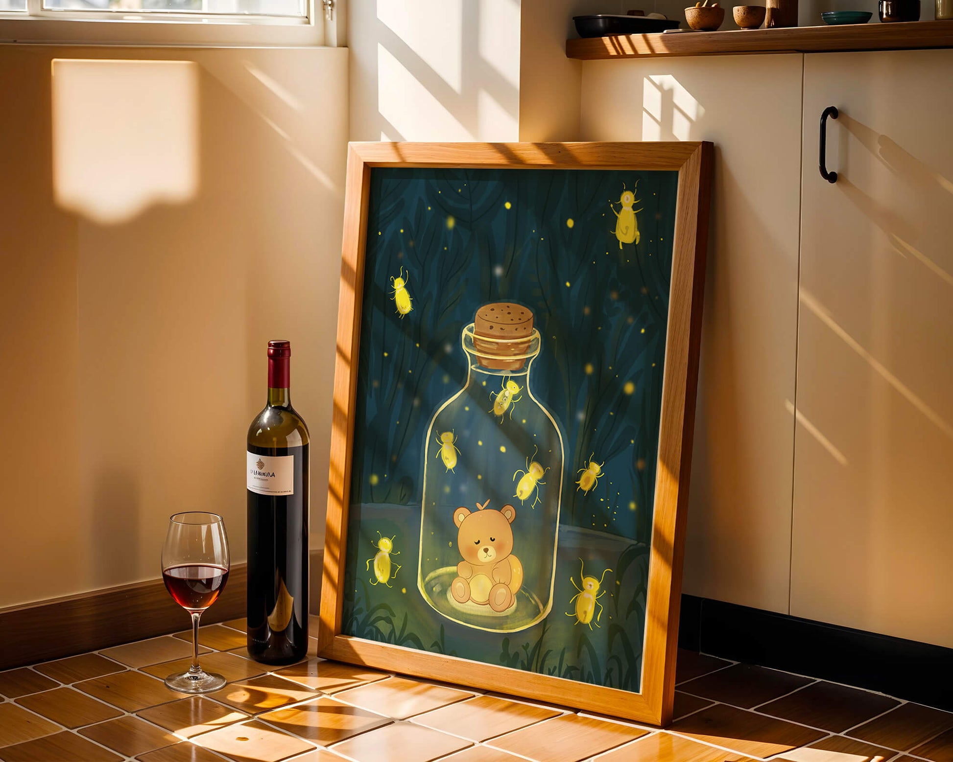 Charming teddy bear in a jar with glowing fireflies