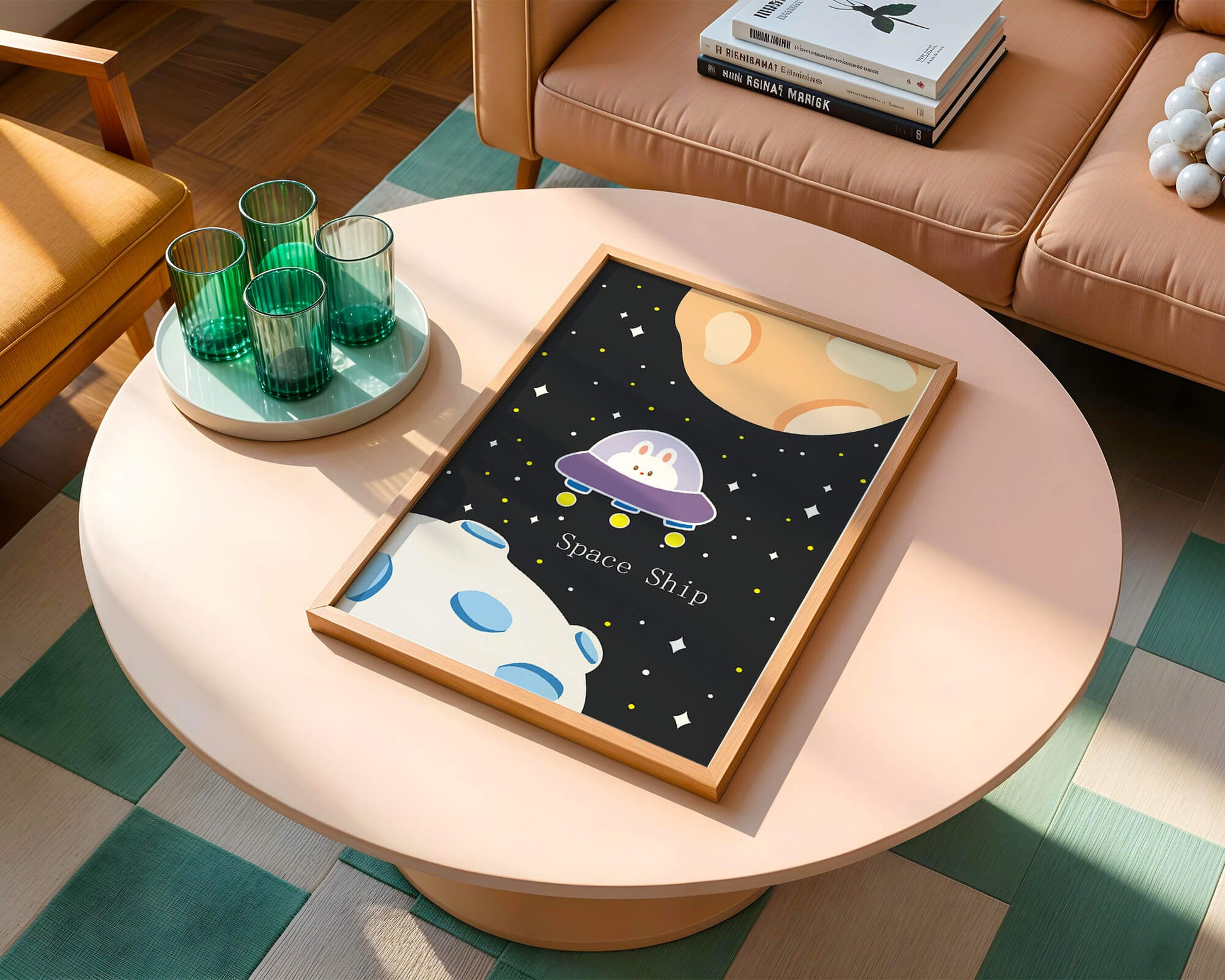 Cute bunny in spaceship with planets and stars in space illustration