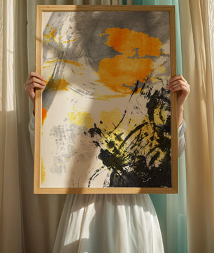 Abstract yellow and black watercolor splash with dynamic brushstrokes