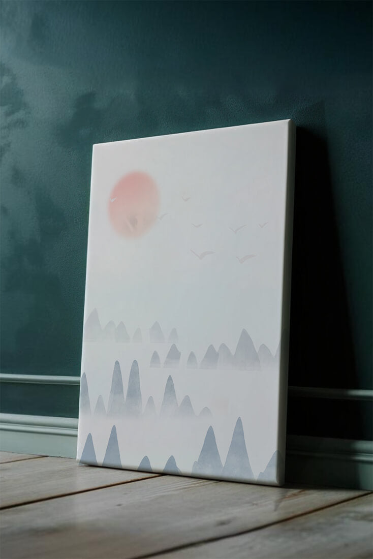 Minimalistic Mountain Landscape with Soft Colors and Birds in the Sky