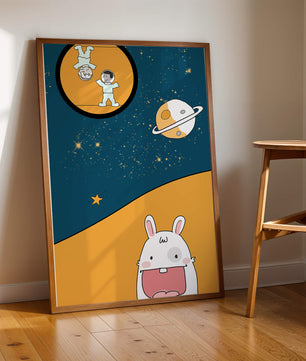 Playful Cartoon of Astronauts and Rabbit with Planet and Stars - Mi tienda