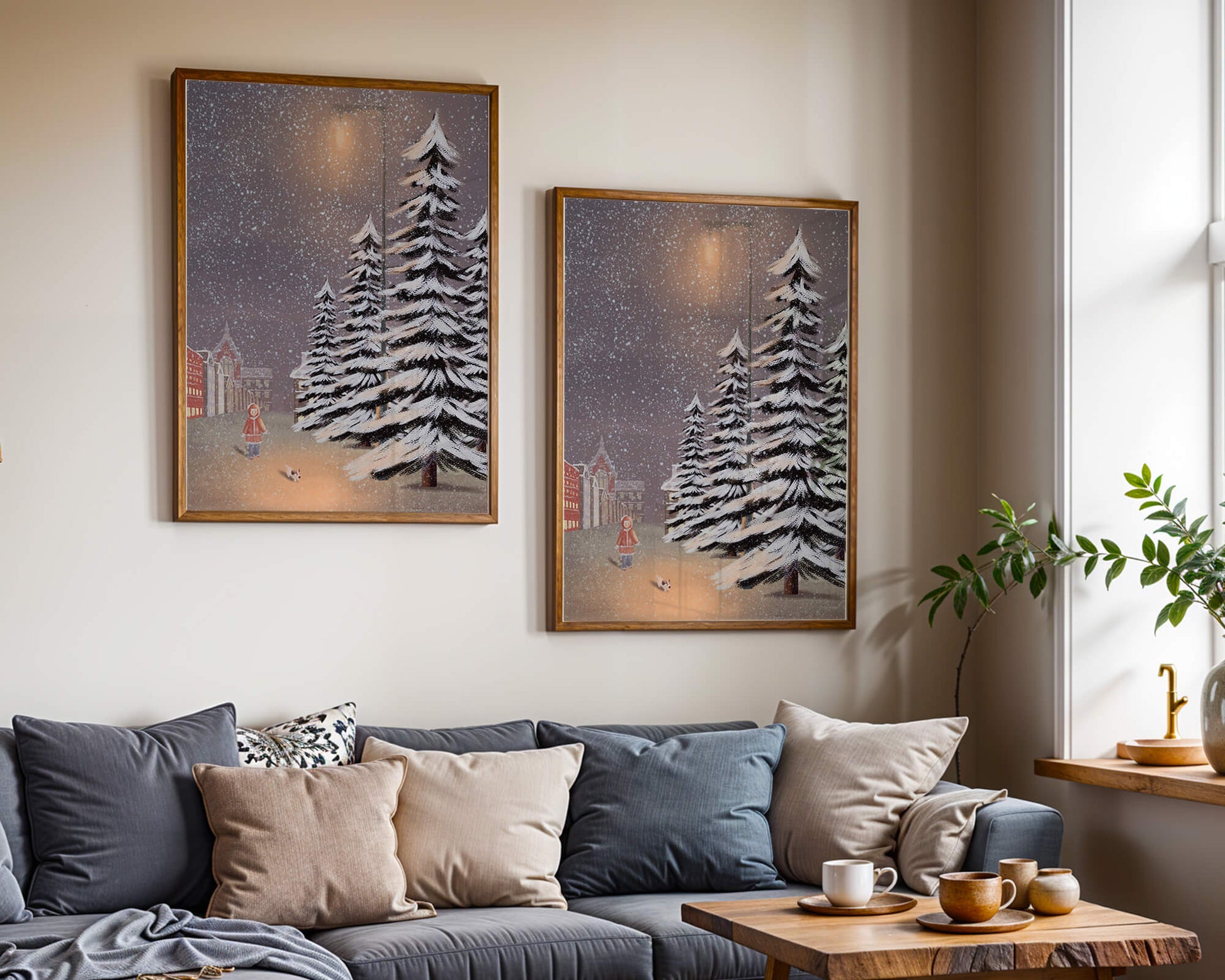 Snowy winter scene with a child and dog in a charming town