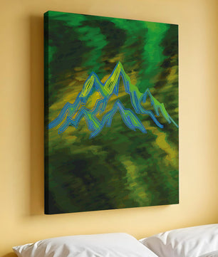 Abstract mountain landscape with vibrant colors and geometric lines