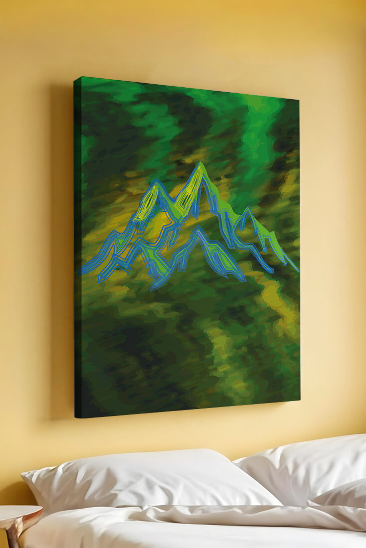 Abstract mountain landscape with vibrant colors and geometric lines