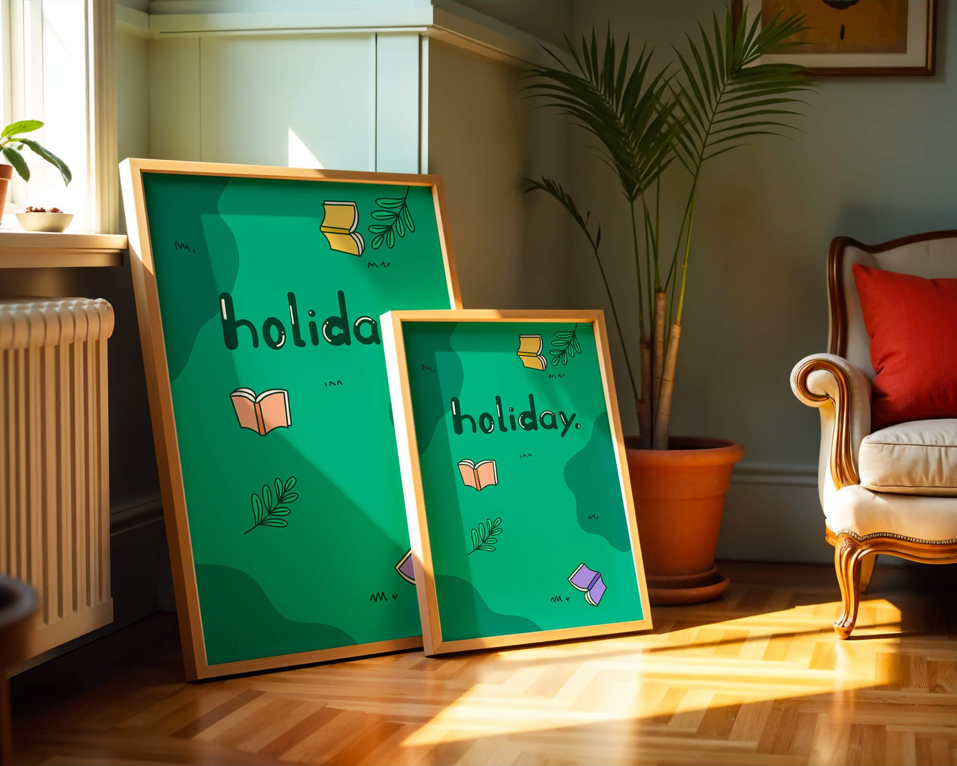 Colorful holiday-themed design with books and leaves