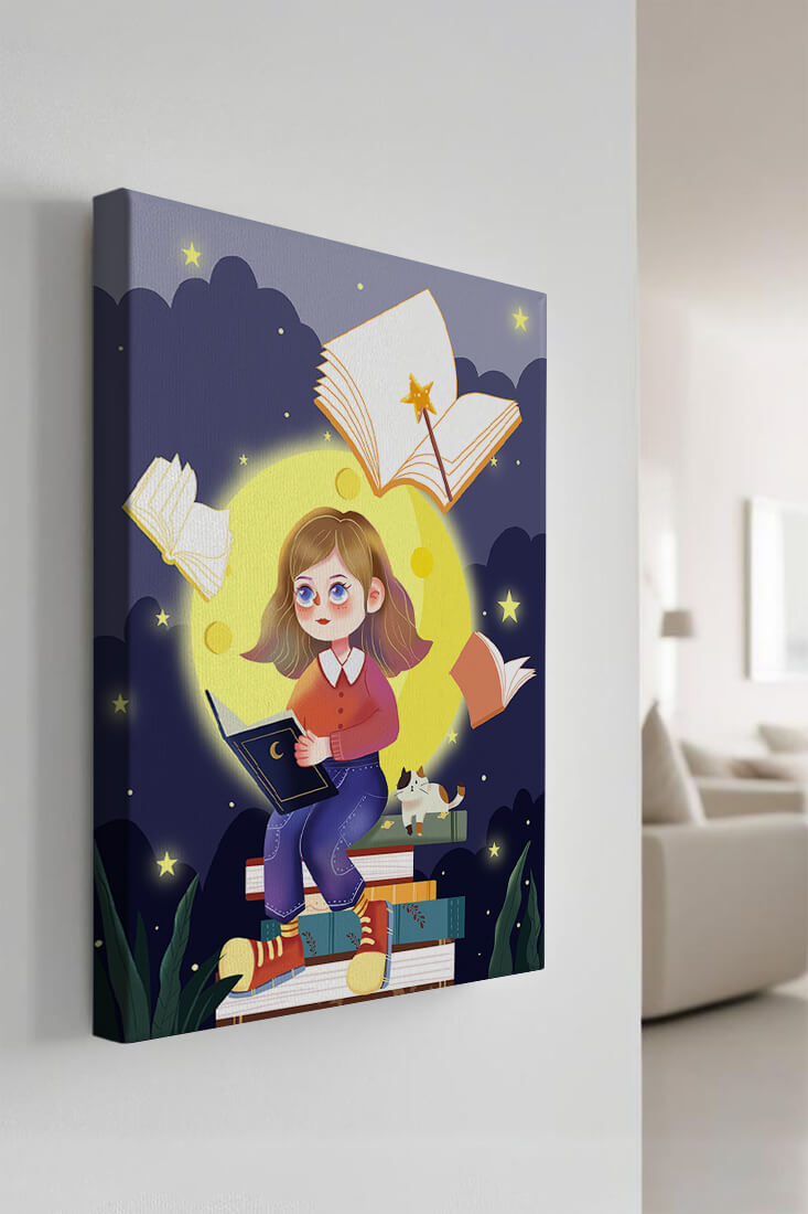 Illustration of a girl reading books under a starry night sky
