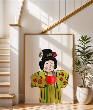 Ilustración de una figura tradicional con atuendo vibrante y un símbolo de corazón